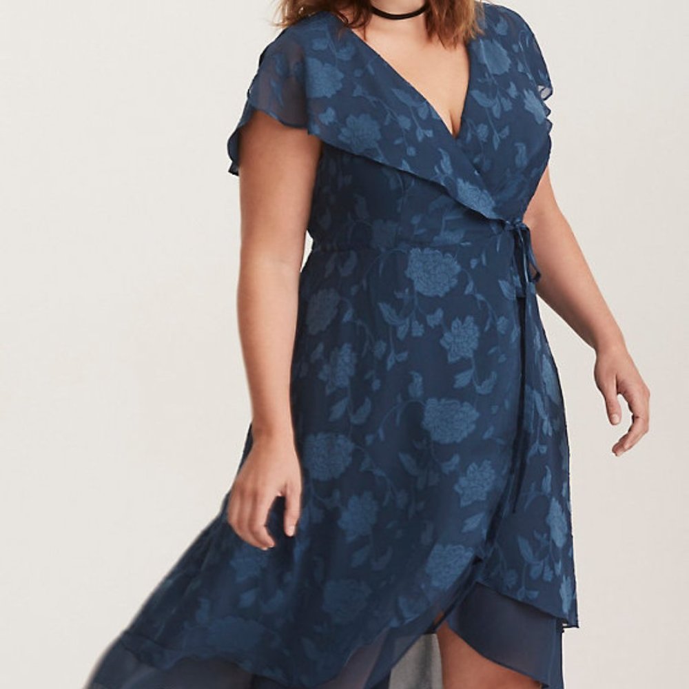 TEAL FLORAL PRINT TEXTURED CHIFFON WRAP MIDI DRESS